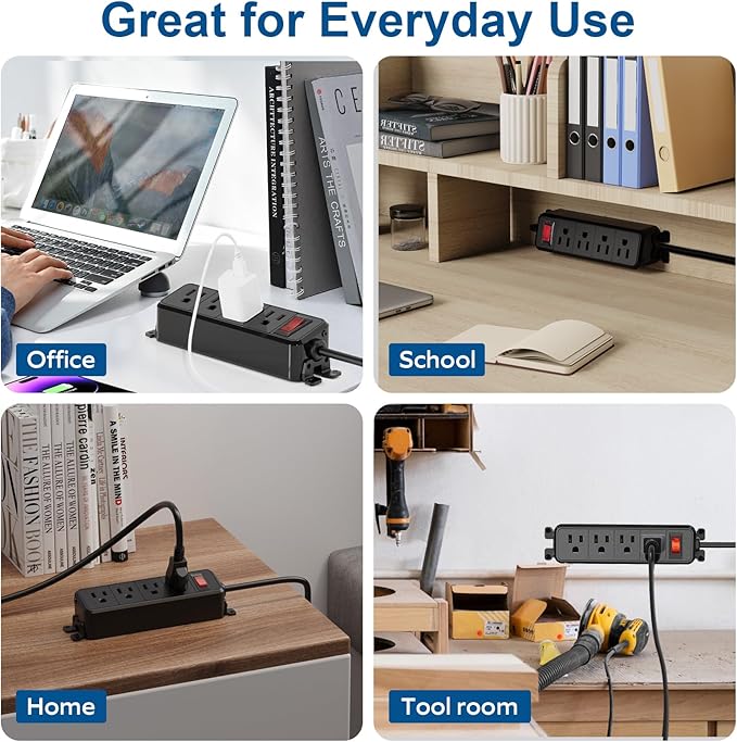 Wall Mount Power Strip,Flat Plug Power Strip with Switch,6ft Extension Cord,4 Outlets, Flexible Installation for Home, Office,and School,ETL Listed,Black (6ft,4 outlets)