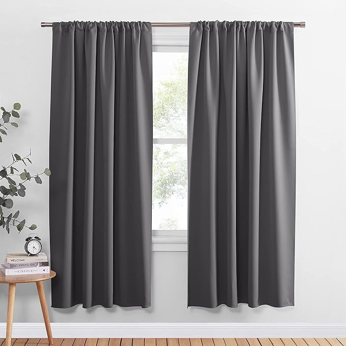 PONY DANCE Gray Blackout Curtains - Window Cover Double Panels Rod Pocket Drapes Light Blocking Drapes Thermal Insulated Privacy Protect for Living Room, 52 Wide by 72 Long, 2 Panels