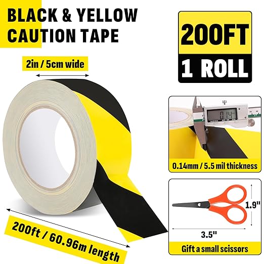 2'' x 200 FT Black & Yellow Caution Tape Roll, Safety Tape, Black & Yellow Floor Marking Tape, High Adhesive Hazard Tapes for Floors, Walls, Staircase, Pipes, Equipment, Dangerous Area