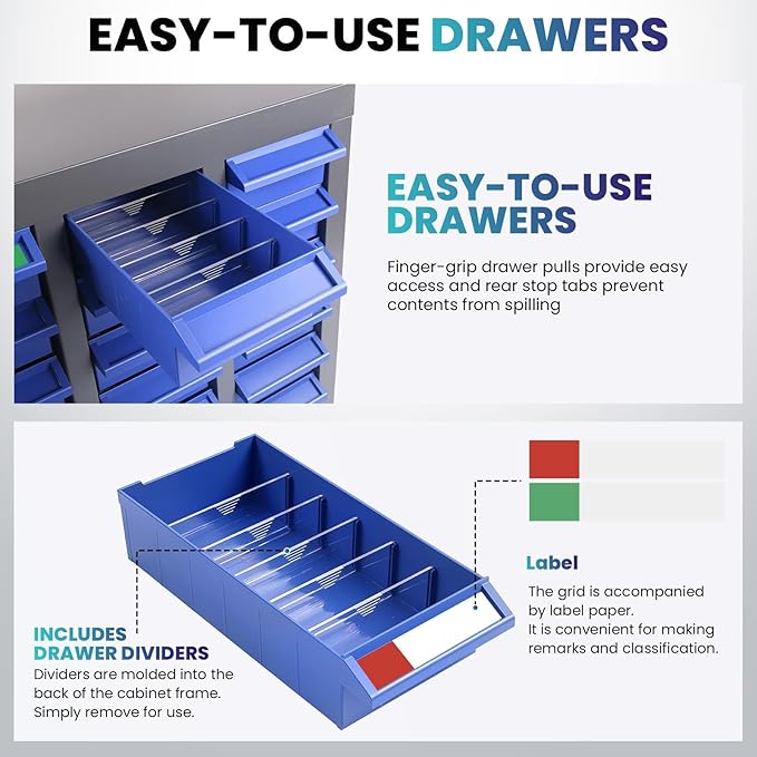 100 Drawers Nut and Bolt Organizer, 46" H x 26" D x 9" W Bolt and Nut Tool Storage Cabinet with Acrylic Adjustable Shelves & Label Stickers, Alloy Steel Parts Cabinet for Workshop Garage Organizer