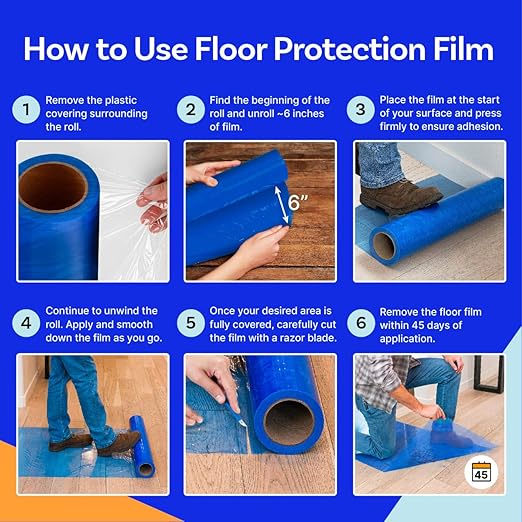 Floor Protection Film, 24" x 500', Made in USA, Blue Self Adhesive Floor Protector Tape for Moving, Painting and Construction, Temporary Covering to Shield Hardwood, Tile, Hard Surfaces (Not Carpet)