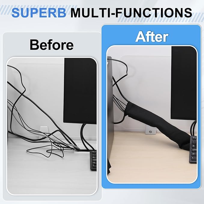 uxcell Hook and Loop Cable Management Sleeve, 10ft x 0.8 Inch Flexible Cable Wrap Covers Wire Hider, Cord Organizer and Cable Protector for Desk TV Computer, Black