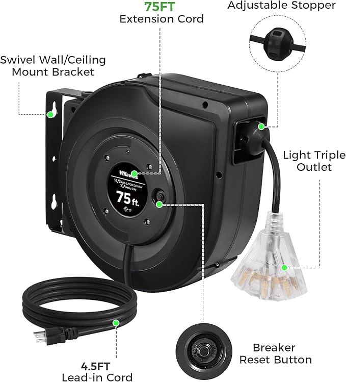 Retractable Cord Reel, 75 FT Heavy Duty Extension Cord, 14AWG/3C SJTOW, 3 Grounded Outlets Lighted Triple Tap, 10A Circuit Breaker, Wall/Ceiling Mounted, UL Listed, Black H75CR06