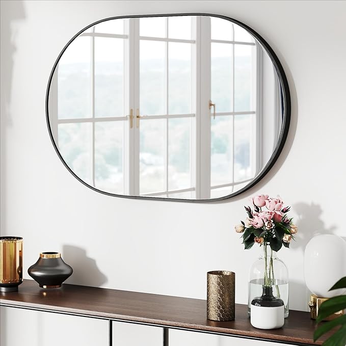 36x24 Mirror Runway Oval Wall Mounted Aluminum Alloy Metal Frame Rectangle Mirrors for Entryway Bedroom Bathroom Living Room 36 24 inch Black
