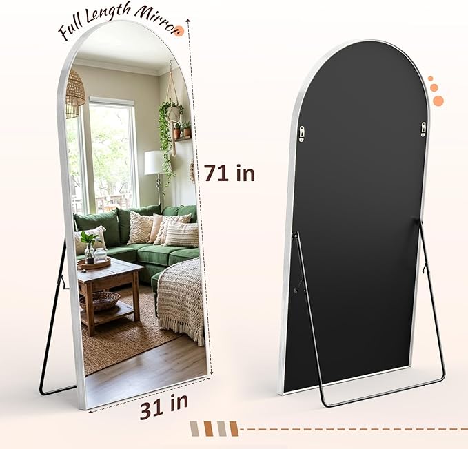 EOGOW 71" x 31" Arched Full Body Mirror,Standing or Leaning Tempered Glass Shatterproof Full Length Mirror with Stand for Bedroom Living Room Entryway,Silver