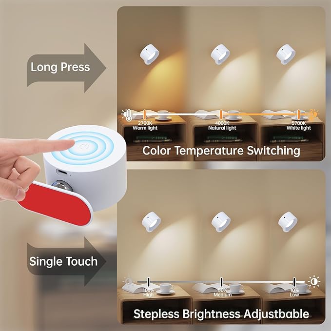 3Pack Battery Operated Wall Sconce, 3 Color Modes 3 Brightness Levels 360°Rotation Lighting Timer Touch & Remote Control, Wall Mounted Lamp LED Wall Lights for Bedroom Reading Bedside (White)