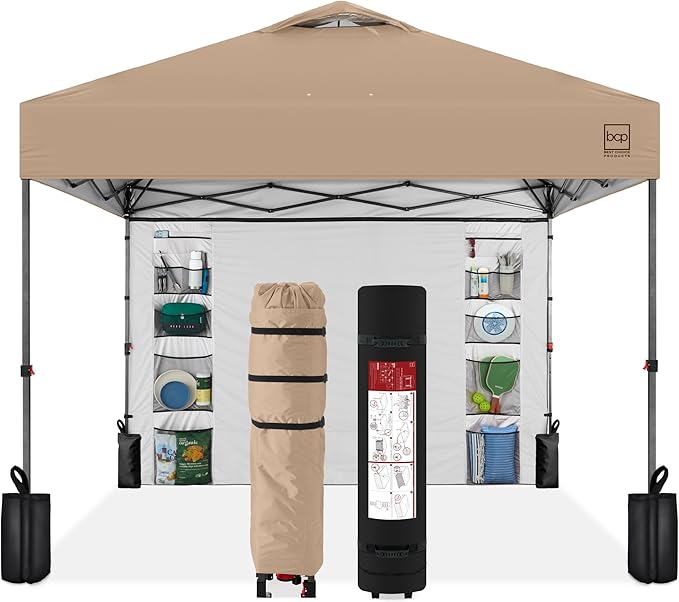 Best Choice Products 10x10ft Easy Pop Up Canopy w/Side Wall, 10 Pockets, Portable Carrying Case, 1-Button Setup, 4 Weight Bags - Tan