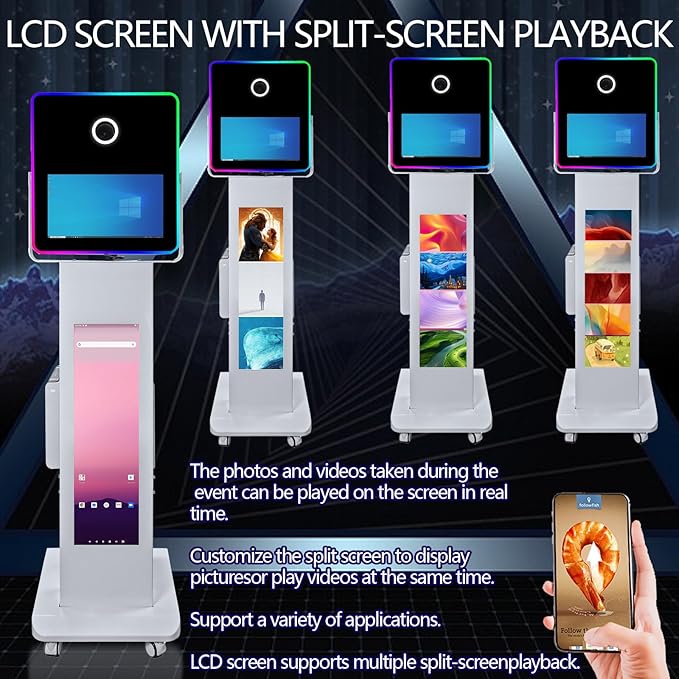 29in LCD Display Photo Booth Machine with 15.6in Mirror Touch Screen Selfie Station Shell Stand DIY Photobooth Machine with RGB Light for Parties Weddings Event (Machine+Camera+Mini Printer)