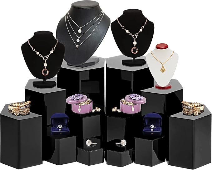 Jetec Hexagonal Jewelry Display Risers Hexagonal Market Display Risers Stands Acrylic Showcase Acrylic Stand for Jewelry Model Figures Decoration, 6 Sizes(Black,24 Pieces)