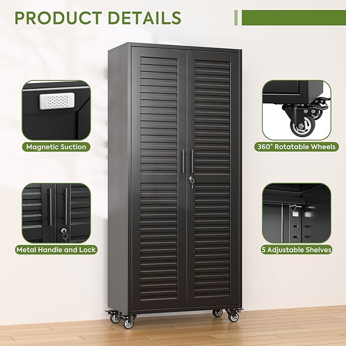 Aobabo Garage Storage Cabinet with Wheels,Lockable Metal Storage Cabinet with 5 Adjustable Shelves for Garage Home,Required Assembly,Black