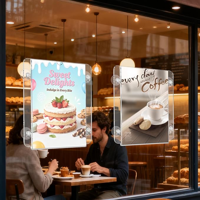 Acrylic Sign Holder 8.5 x 11, 6 Packs Flyer Holder for Business, Clear Sign Holder with Suction Cups for Menu, Notice, Frames Glass Door Window Display Stand for Store, Restaurant, Office