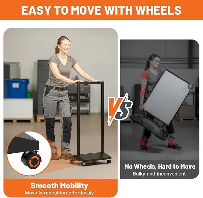 Heavy Duty Rolling Sidewalk Sign 24x36 Inch - Double-Sided Sandwich Board Poster Stand with Wheels, Slide-in Floor Standing Sign Holder Stand for Outdoor Business Advertising (Frame only)