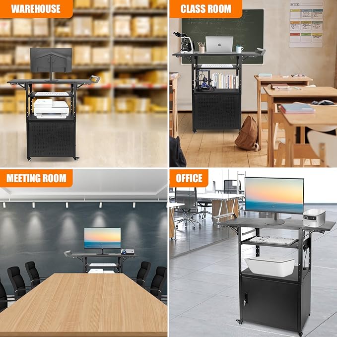 Large Mobile AV Cart with Locking Cabinet and Drop Leaves, Height Adjustable Steel AV Cart with Wheels and Power, Rolling Computer Cart with Pullout Keyboard Tray for Office, Warehouse&Classroom