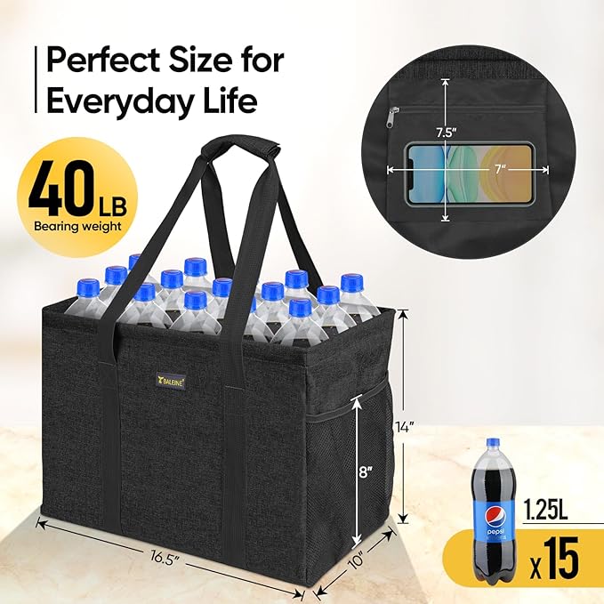 BALEINE Extra Large Utility Tote Bag with Wire Frame for Storage (Black, 16.5''x14''x10'')
