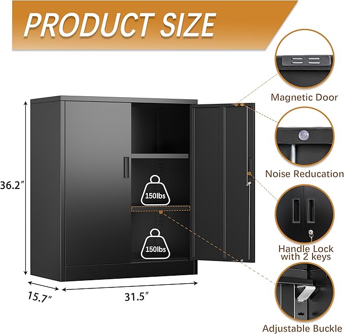 Metal Storage Cabinet, 36 Inch Tall Metal Storage Cabinet with Doors and Shelves, Pantry Cabinets for Kitchen Storage, Garage Cabinet for Living, Dining Room, Assemble Required.