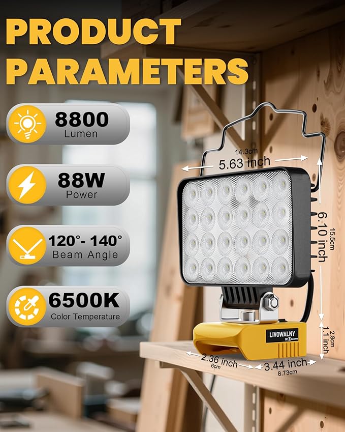 LIVOWALNY LED Work Light Compatible with Dewalt Battery, 88W 8800LM Battery Flashlight Cordless, Portable Tools LED Floodlight with USB A & USB C Output Port for Camping, Hiking, Emergency & Job Site