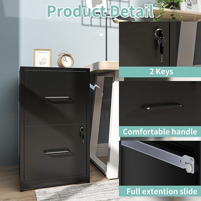 AQY 2 Drawer Filing Cabinet with Lock, Metal Black File Cabinet for Home Office, 18" Deep Vertical Storage Drawer for Hanging A4/Letter/Legal Size Files, Assembly Required