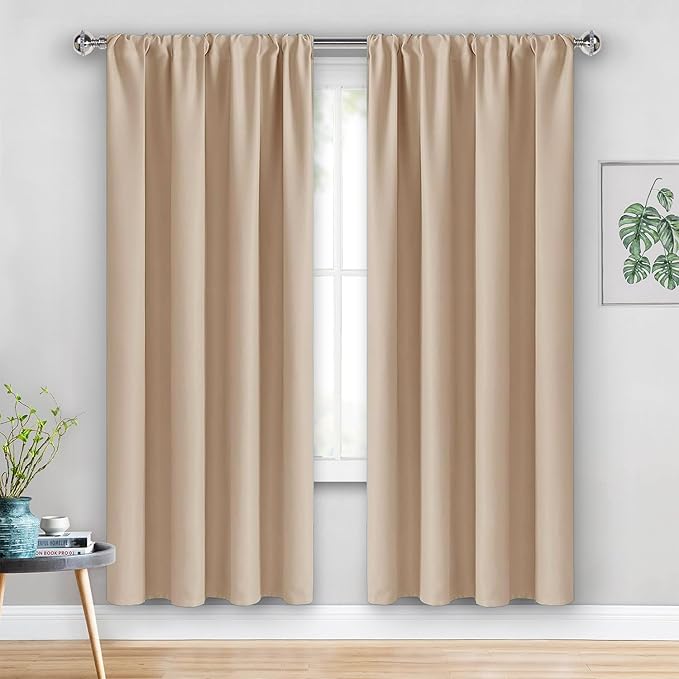 JIUZHEN Blackout Curtains for Bedroom– Thermal Insulated,Noise Reducing Room Darkening Rod Pocket Curtains for Living Room, Set of 2 Panels with Tiebacks, 42 x 72 inch Long, Beige