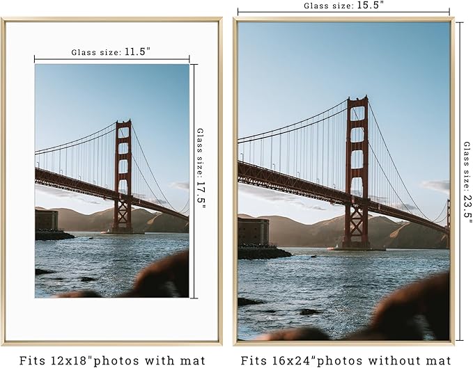 Frametory, 16x24 Metal Picture Frame with Mat for 12x18 Picture & Real Glass, Aluminum Photo Frame Collection (Gold, 1 Pack)
