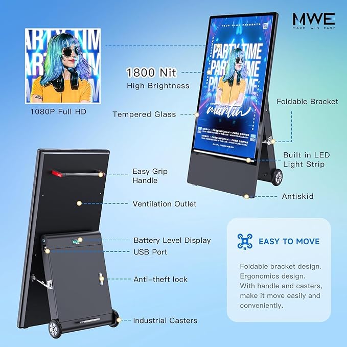 MWE 43 Inch Outdoor Digital Signage Display, Portable Battery Powered High Brightness Screen Advertising Display Kiosk, Movable Waterproof Standing Poster, Android OS