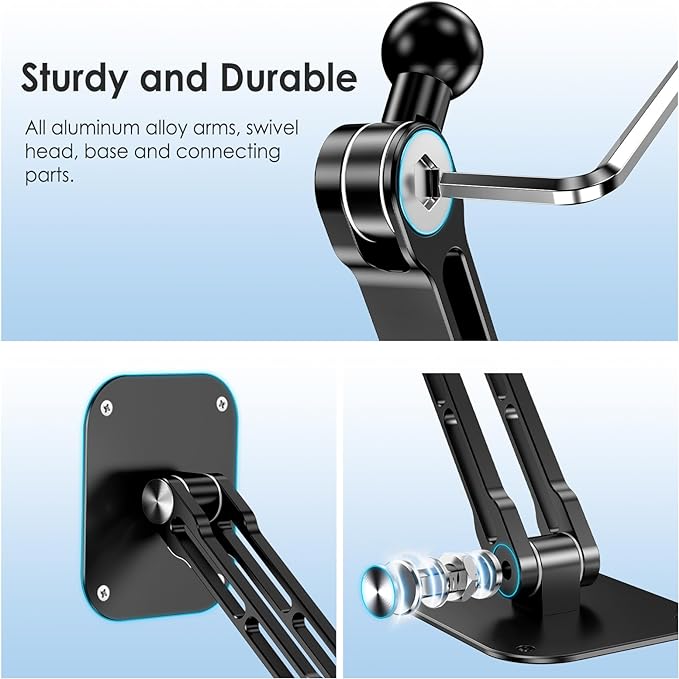 Tablet Wall Mount Holder, Aluminium Extendable iPad Wall Holder, with 360°Rotating Base Adjustable and Foldable for iPad Pro Air Mini, Galaxy Tab, All 4.7-13" Phones and Tablets
