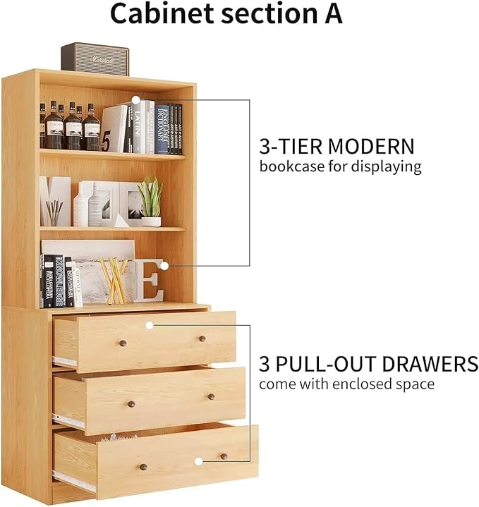 TUSY 71" H Bookshelf Bookcase with Doors, 3-Tier Modern Bookshelves with 3 Large Drawer, Display Bookcase with Glass Doors, Modern 5-Tier Curio Cabinet for Home Office, Dining Room (Wood, ABBA)