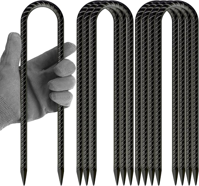 12 Inch U Shaped Trampoline Stakes 8 Pack, 5/16" Diameter Heavy Duty Steel Wind Resistant Rebar Stakes, Black E-Coated Anti-Rust Ground Stakes for Trampoline, Swing Set, Bounce House Safety