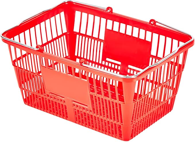 VEVOR Shopping Baskets, 12 PCS, 21L Stackable PE Plastic Grocery Baskets with Metal Handles, Dense Mesh Structure, Holds up to 20 lbs, Portable for Grocery, Retail, Stores, Supermarket, Home Use, Red