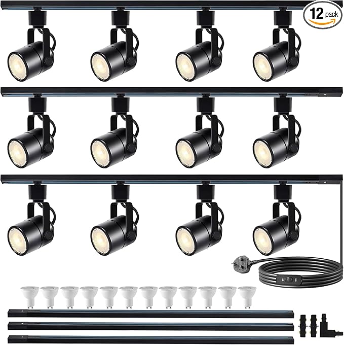 GU10 LED Black Track Lighting Complete Kit, Dimmable H Type 14.76FT Track Rails,4000K Natural Light 12 Packs GU10 LED Bulbs Ceiling Spotlight Fixture, an Cost-Effective Lighting Solution