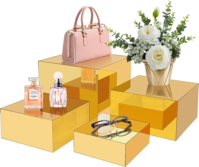 Gold Acrylic Mirrored Risers Display Stands, 4Pcs Food Risers for Buffet Table Gold, Acrylic Cube Display Stands Box Risers for Catering Dessert Perfume Collection Jewelry Party Centerpieces(Size 5",6",7",8")
