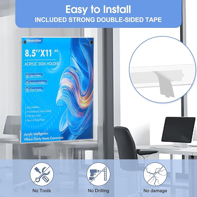 Acrylic Sign Holder 8.5 x 11 Wall Mount, Adhesive & Magnetic Back - Vertical or Horizontal Mount for Office, Classroom, Retail Displays on Glass, Doors, Wood, or Other Smooth Surfaces