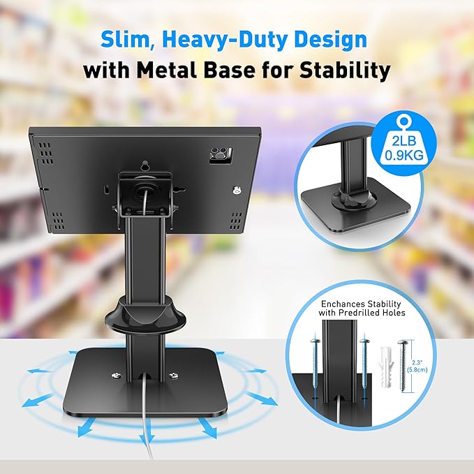 AboveTEK Anti-Theft iPad Kiosk Stand, POS iPad Security Stands, Aluminum Locking Tablet Stand with Heavy Duty Base, 360° Swivel & 75° Tilt, Retail Desk Mount for Business & Commercial Use (Black)
