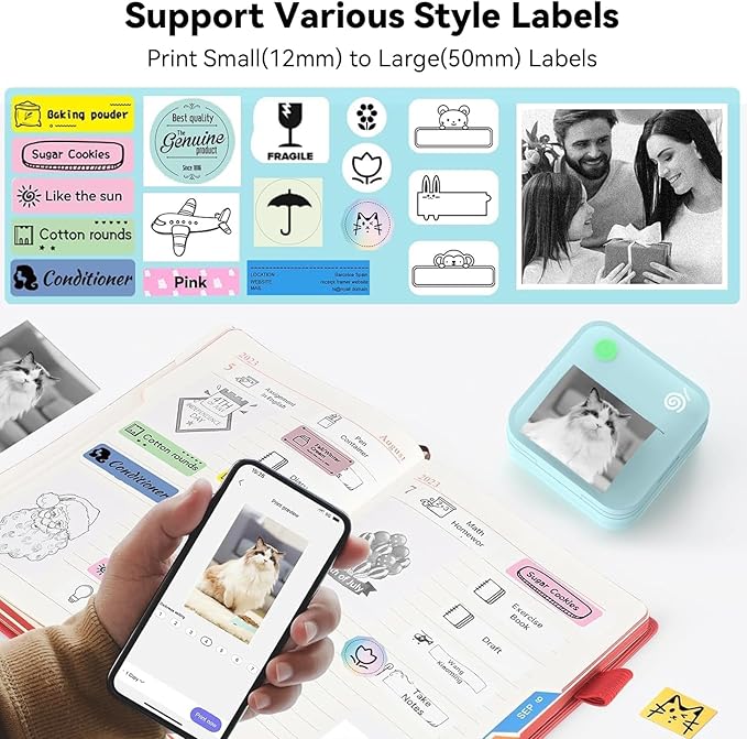 Label Maker Machine - Portable Bluetooth Mini Label Printer - Smartphone Handheld Thermal Sticker Small Labeler Multiple Templates Font Icon Inkless Custom Label for Home Kids School Items