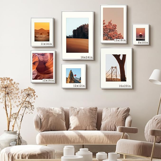 Frametory, 12x16 Metal Picture Frame with Mat for 11x14 Picture & Real Glass, Aluminum Photo Frame Collection (Silver, 2 Pack)
