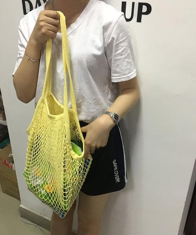 2Pcs Portable Reusable Mesh Cotton Net String Bag Organizer Shopping Tote Handbag Fruit Storage Shopper NEW (beige02 orange02)
