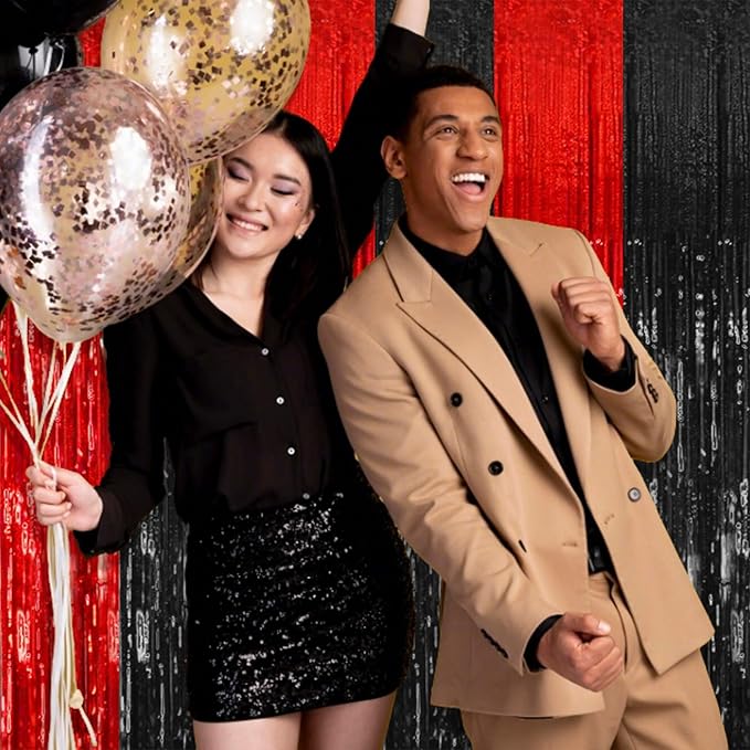 2 Pack Black and Red Party Backdrop Streamers Decorations Foil Fringe Curtains Metallic Tinsel Backdrop for Birthday Halloween Christmas New Year Fancy Ball Graduation Party Decor
