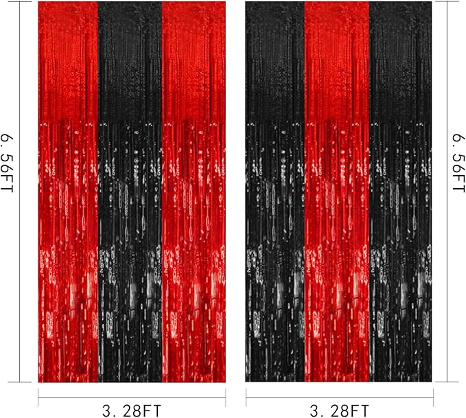 5 Pack Black and Red Party Backdrop Streamers Decorations Foil Fringe Curtains Metallic Tinsel Backdrop for Birthday Halloween Christmas New Year Fancy Ball Graduation Party Decor