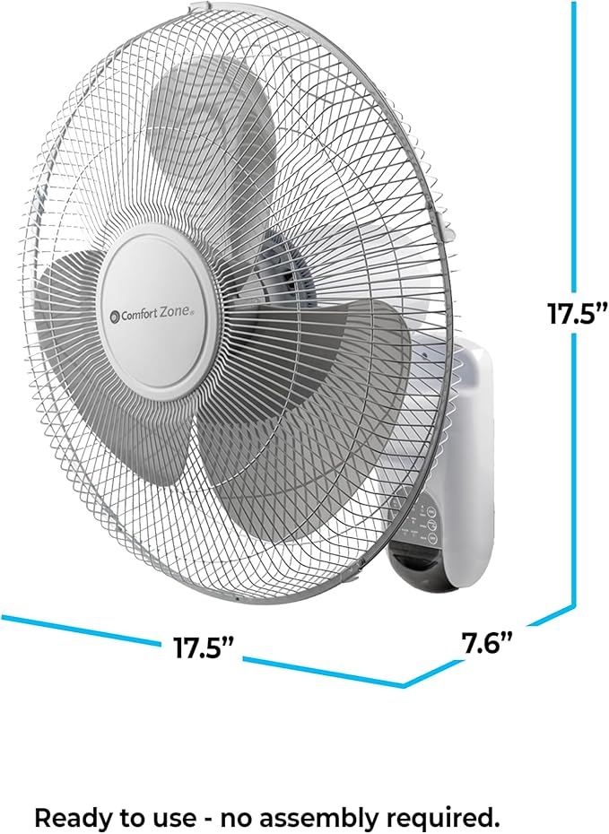 Comfort Zone 16-inch Wall Mount Fan with Remote Control, Quiet 3-Speed Operation, Timer, Adjustable Tilt – Ideal for Bedroom, Home, Gym & Office