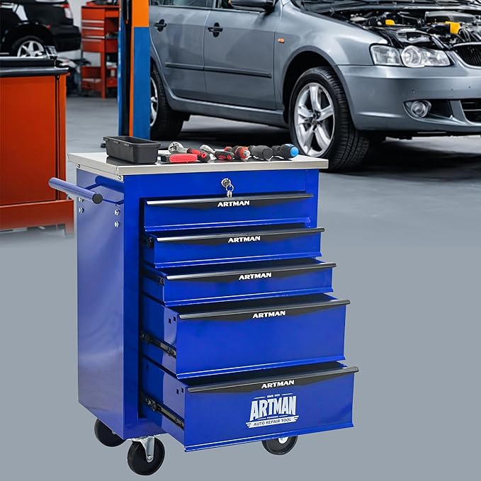 5 Drawer Rolling Tool Chest with Locker, 22.2" D Metal Movable Lockable Tool Cart Box Multi-Functional Hardware Storage Cabinet Box for Warehouse Basement Home Pantry Garage