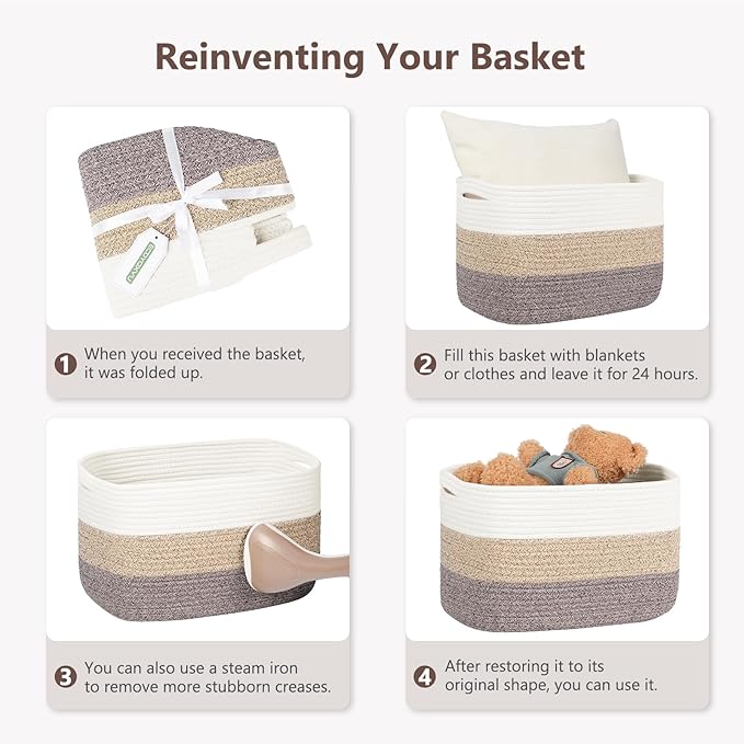 Cotton Rope Basket, Storage Baskets with Handle, 15x10x9 Inch Woven Basket for Shelves, Laundry, Towels, Clothes, Books (White Brown 1 Pack)
