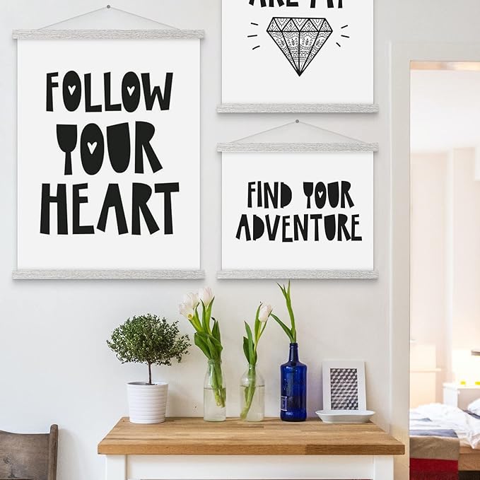 Magnetic Poster Hanger, 20x28 20 x 30 20x24 Poster Frame Wood Wooden Magnet Print Posters Dowel Scroll Hanger Hangers Hanging Kit for Walls Map Canvas Artwork (Grey, 20")