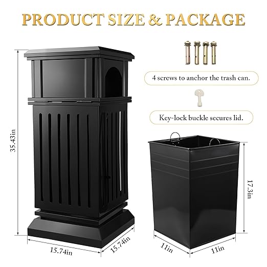 Black Stainless Steel Commercial Trash Can with Locking Lid, Heavy Duty Outdoor/Indoor Waste Container, Perforated Steel Panels, Removable Inner Bucket for Patio, Park, Garden-35.5x15.8x15.8in