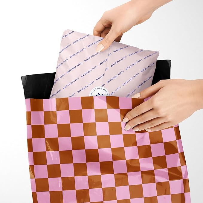Poly Mailers 10x13 – 100 Pack – Cute Printed Recyclable Shipping Envelopes for Small Business Packaging, Self Sealing Mailing Bags – Checkerboard Pink and Rust Design
