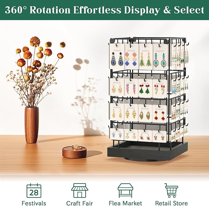 EsLuker.ly Rotating Earring Display Holder Stand for Vendors Events Selling, Large Capacity 64 Hooks Jewelry Rack with Wooden Base for Earring Card Sales, Enhances Retail Visibility