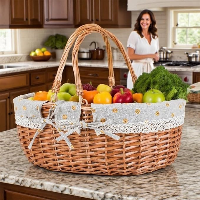 Large Wicker Picnic Basket with Handles,Handle Sturdy Woven Body with Removable and Washable Lining,Outdoor Camping,Gift Packing,Garden Picking, Storage.Yellow Flower