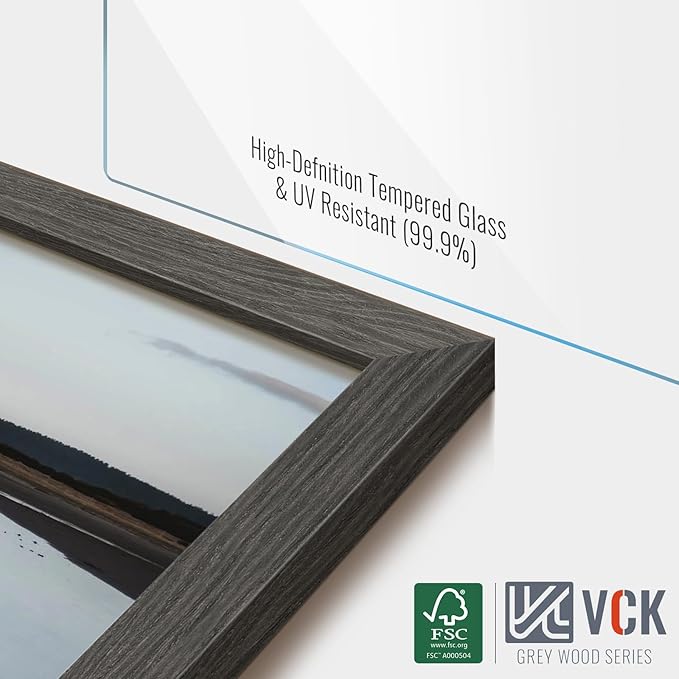 VCK 12x18 Picture Frame 2 Pack - Grey, High-End Wood Poster Frames with Tempered Glass, Display 11x17 Photo with Mat or 12x18 without Mat, Art Gallery-Quality, Wall Hanging, Grey