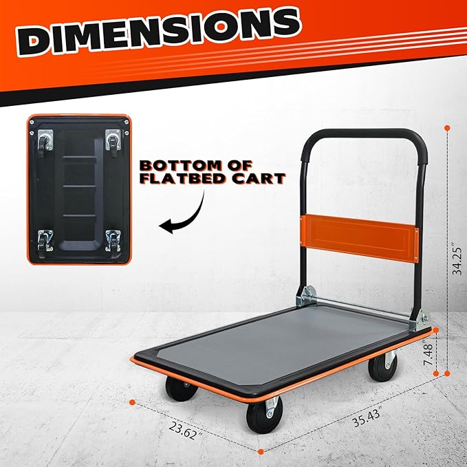 660lbs Large Size Heavy Duty Orange Flatbed Cart, Folding Steel Platform Hand Truck with 360° Silent Swivel Wheels, Utility Dolly for Storage & Moving