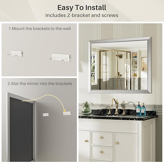 72x32 Inch Brushed Nickel Bathroom Mirror for Wall, Thick Metal Framed Rectangle Mirrors for Over Sink, Bedroom, Living Room, Entryway, Anti-Rust, HD Tempered Glass