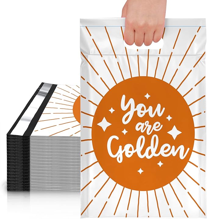 JinRuiKJ Poly Mailers with Handle 10x13 Inch 25 Pcs, Easy to Carry Packaging Bags for Small Business, Thank You Shipping Bags with Self Adhesive Strip, Tearproof and Waterproof - You are Golden