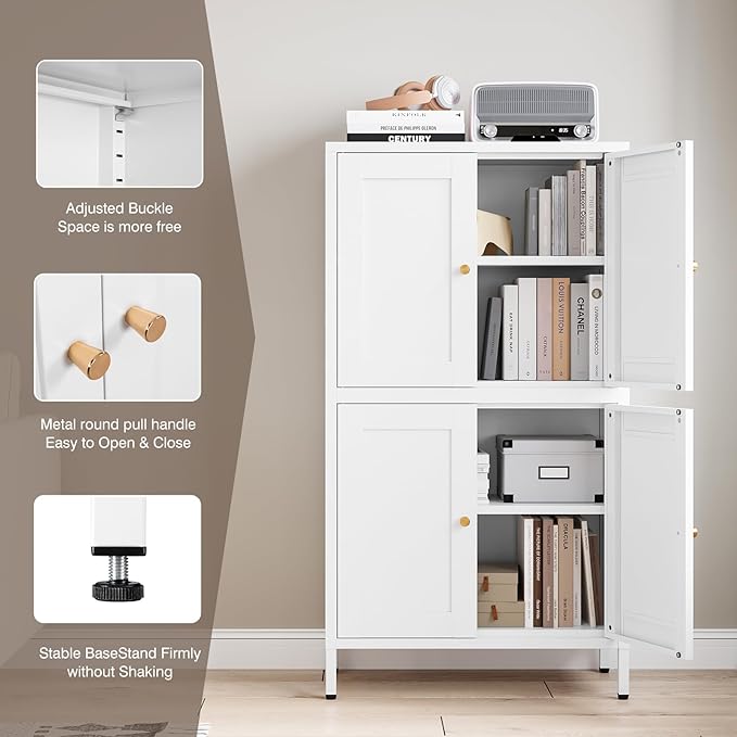 Yizosh Metal Pantry Cabinet,Tall Kitchen Pantry Storage Cabinet with 4 Doors and 2 Adjustable Shelves - 43" White Cupboard Cabinet for Kitchen,Living Room,Dining Room,Home